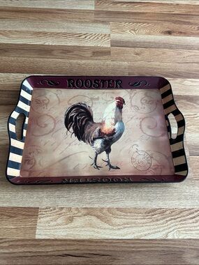 Rooster Decorative Serving Tray in Rustic Red and Cream